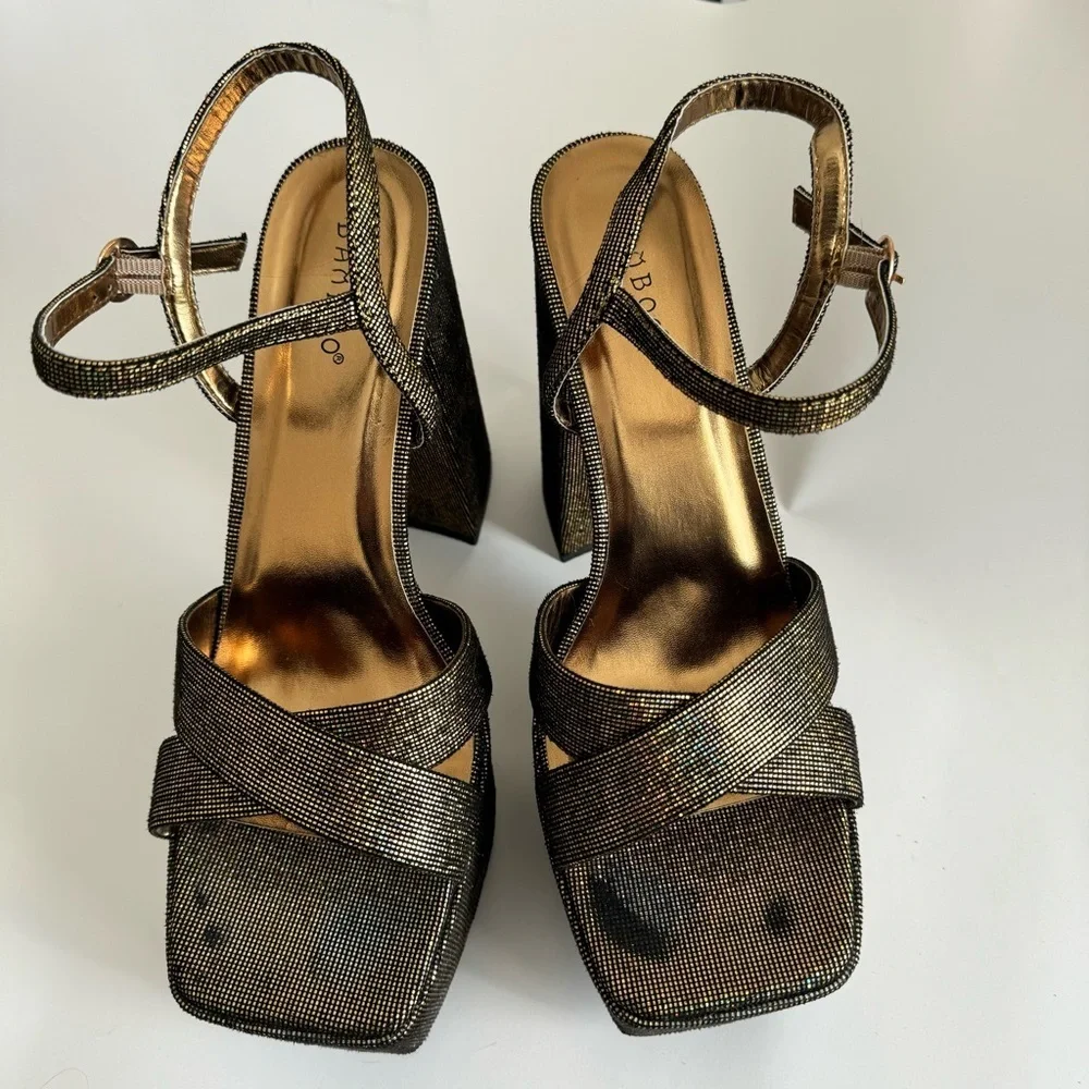Bronze Ankle Strap Square toe Chunky  Platforms